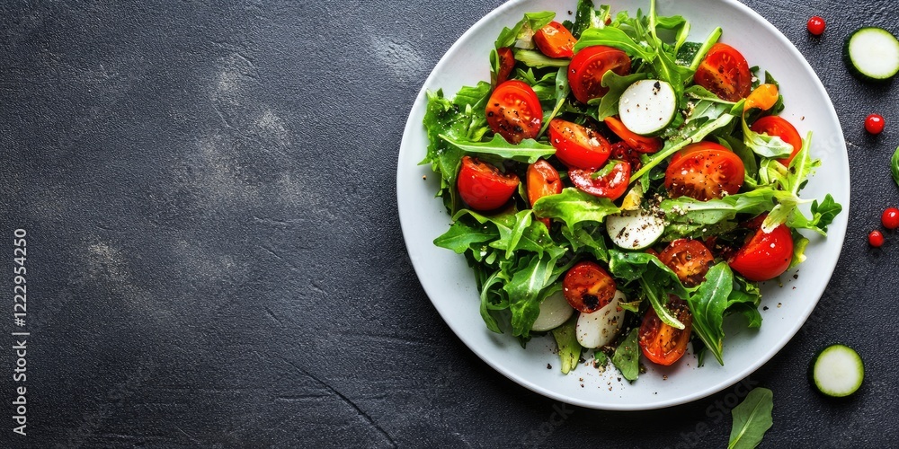 Poster Artfully arranged fine dining salad featuring fresh vegetables on a modern plate with empty space for text on a dark textured background