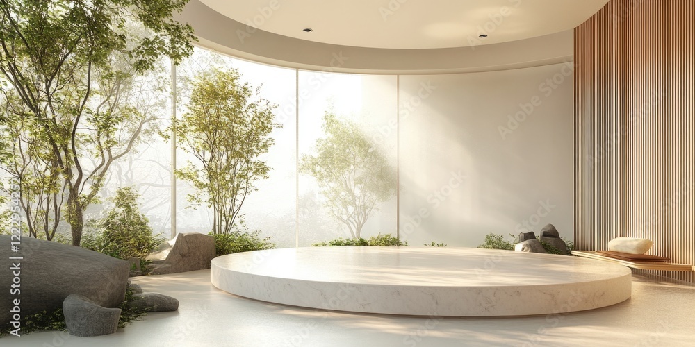 Poster modern serene exhibition space featuring circular architecture, natural elements, and ample copy spa