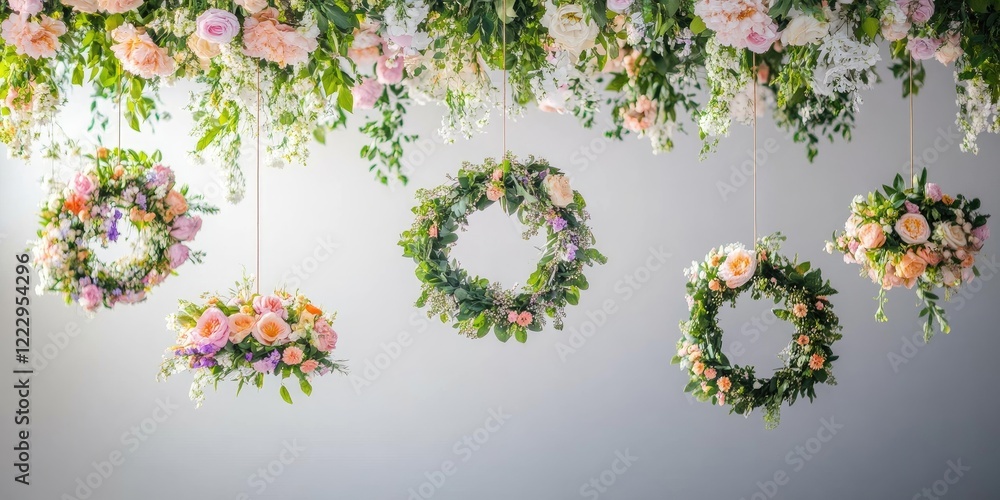 Fototapete Floral chandeliers adorned with hanging wreaths and suspended flowers creating a whimsical atmosphere with ample empty space for text