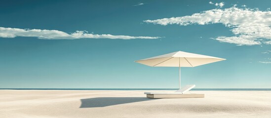 Beach umbrella and sunbed on tranquil sandy beach under bright blue sky with copyspace for summer relaxation and vacation promotion