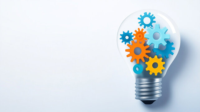 An illuminated light bulb filled with colorful gears representing creativity and innovation.
