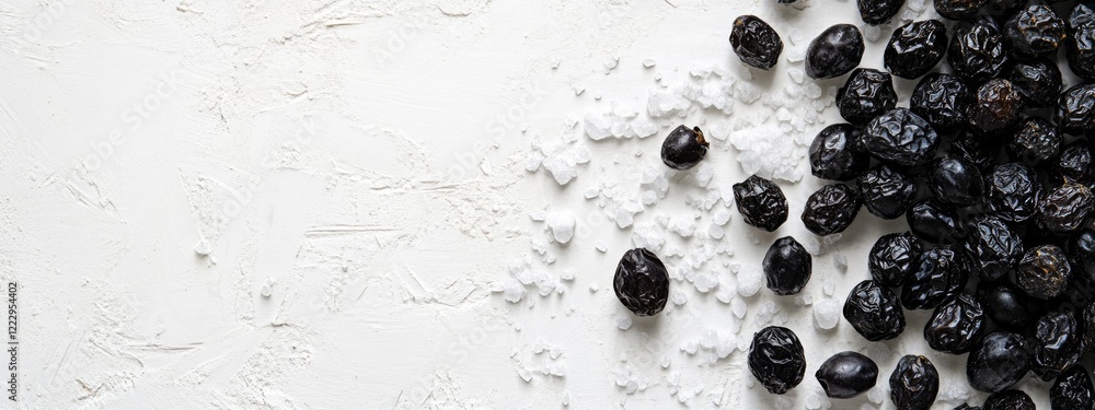 Poster Dried black olives with sea salt arranged on a white surface featuring ample empty space for culinary text or branding applications