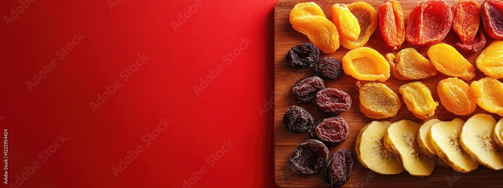 Aufkleber dried fruits display on wooden board with vibrant red background and ample space for text and market