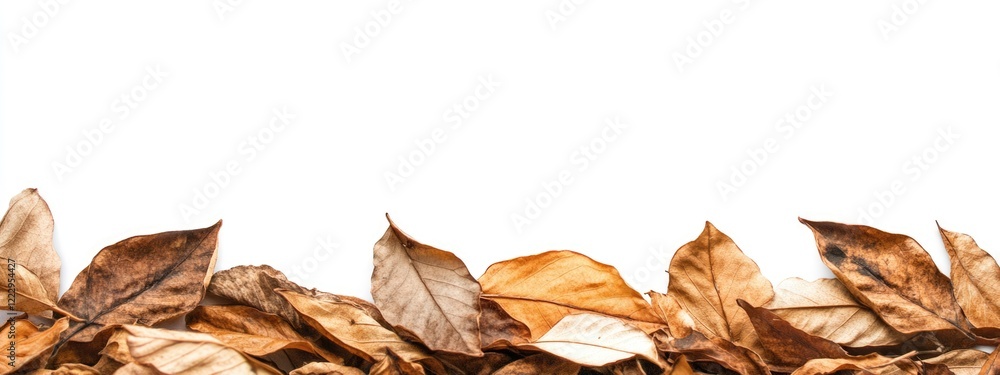 Poster Dried autumn leaves arranged on a white background creating a natural frame with ample space for text or design elements