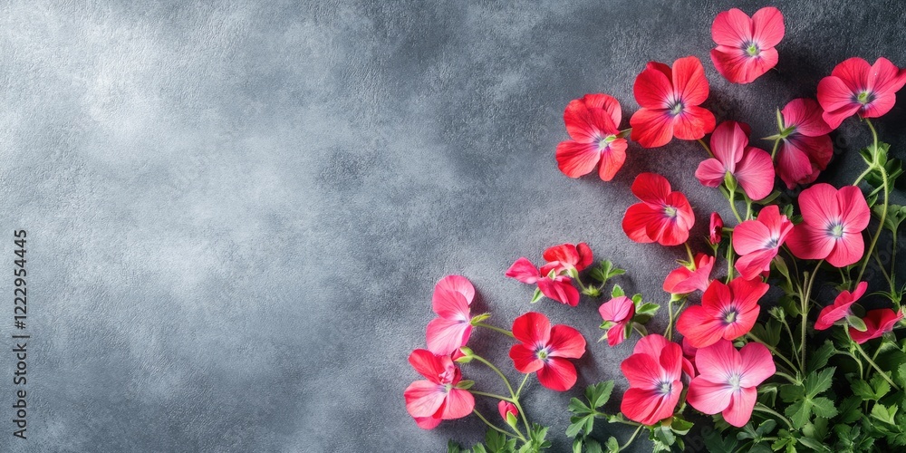 Poster Elegant geranium flowers arranged in a studio setting with ample empty space for text and design elements on a textured background