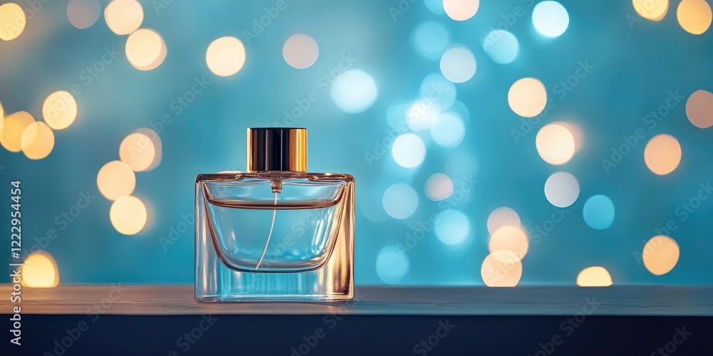 Aufkleber Elegant fragrance bottle on a shelf with soft blue bokeh lights creating a dreamy backdrop and ample empty space for text insertion.