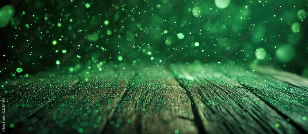 Poster Abstract Green Dust Particles on Wood Background with Sparkling Light Effects for Text Overlay and Creative Design Elements