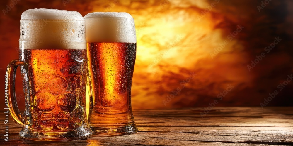 Aufkleber refreshingly chilled beer glasses on a rustic bar with warm atmospheric lighting perfect for pub or 