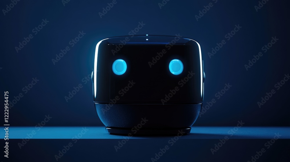 Poster futuristic robot with illuminated blue eyes on a minimalist background representing advanced technol