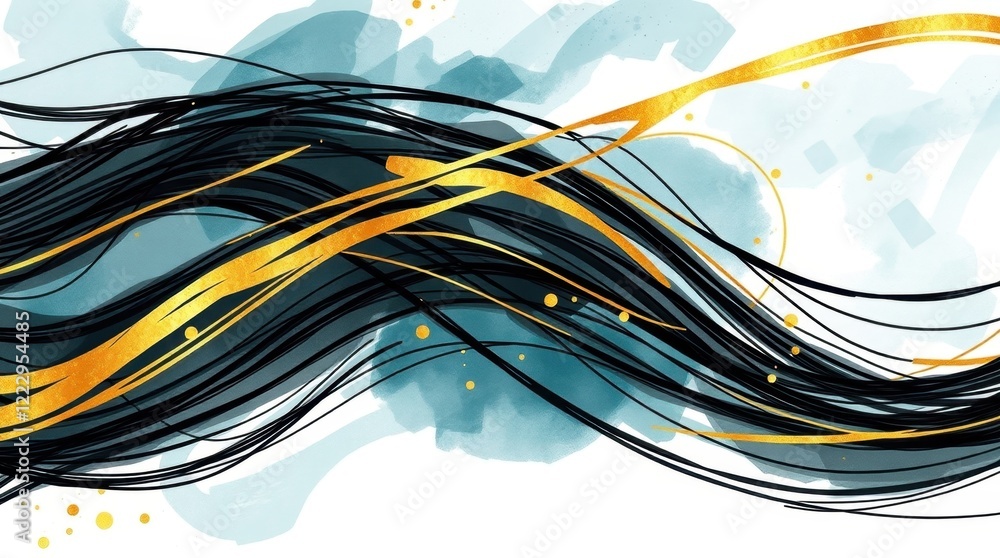 Poster swirls of black and gold on a teal background create a dynamic and fluid abstract composition that c