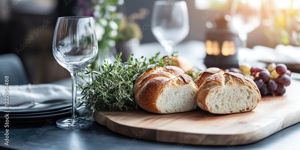 Aufkleber elegant dining table arrangement featuring freshly baked bread and wine glasses with copy space for 
