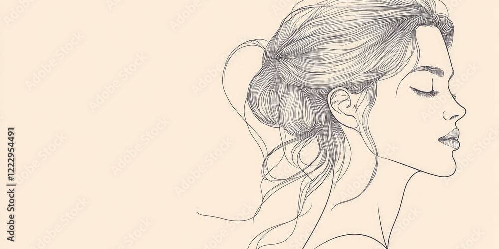 Poster elegant fine line drawing of a female silhouette portrait with blank space for text copy