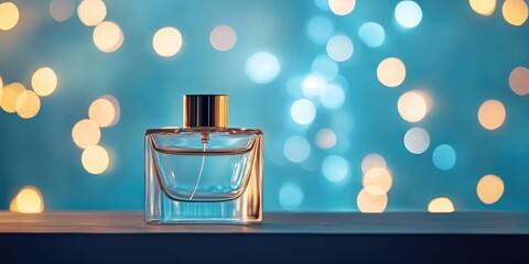 Elegant fragrance bottle on a shelf with soft blue bokeh lights creating a dreamy backdrop and ample empty space for text insertion.