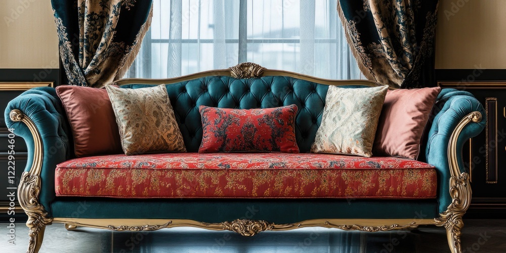 Poster luxurious vintage fabric sofa styling in an upscale living room with ample space for text and decor 