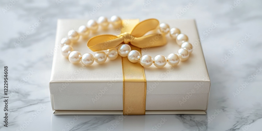 Poster elegant gift box adorned with gold ribbon and pearl bracelet on marble surface with space for person
