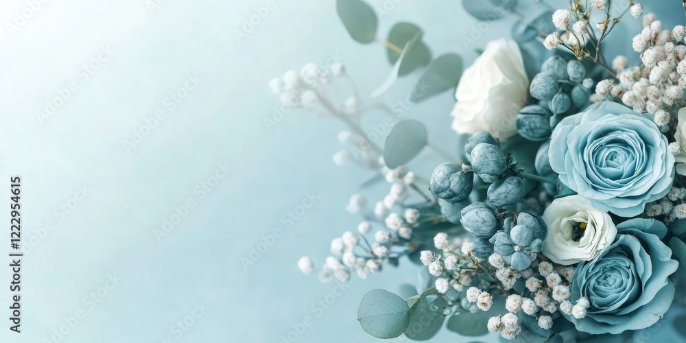 Poster elegant floral arrangement featuring soft blue roses and greenery with a serene background and ample