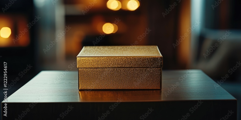 Poster sophisticated dark golden gift box set against a warm evening backdrop with space for personalized t