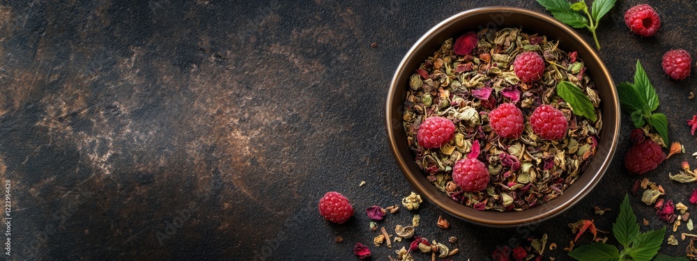 Aufkleber Dried raspberry leaf herbal infusion in a bowl with fresh raspberries and empty space for text on a rustic dark background