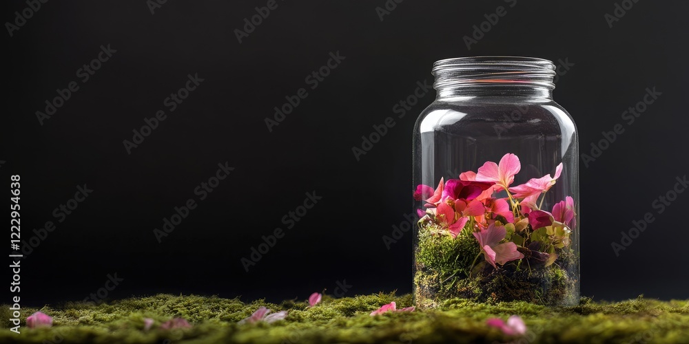 Poster Delicate flowering plants in a glass jar on moss background with empty space for customizable text and design elements