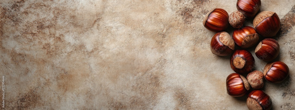 Poster Dried chestnuts arranged on a textured background with ample empty space for creative text or graphic design elements