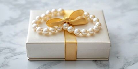 Elegant gift box adorned with gold ribbon and pearl bracelet on marble surface with space for personalized text or message