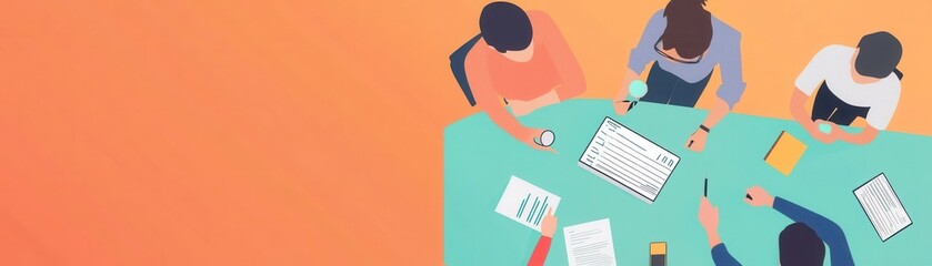 A group of diverse individuals collaborates around a table, brainstorming and sharing ideas, with documents and devices visible, set against a vibrant orange background.