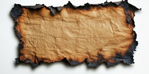 Burnt Piece of Paper with Burnt Edges and Textured Surface on White Background, Showing Signs of Damage and Aging