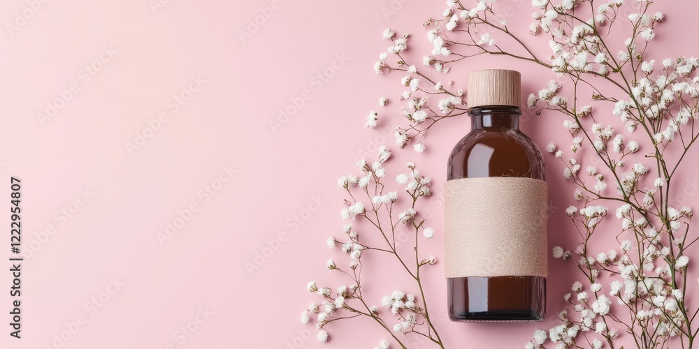 Poster elegant gift presentation with brown bottle surrounded by flowers and empty space for custom text on