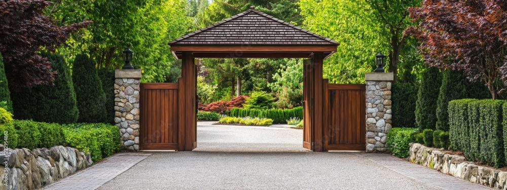 Aufkleber elegant driveway gate surrounded by a beautifully landscaped garden and gazebo with ample empty spac