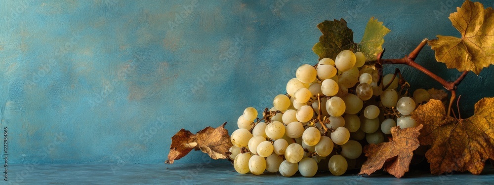 Poster Dried white grape cluster in a still life composition with text space complemented by elegant foliage against a soft blue background