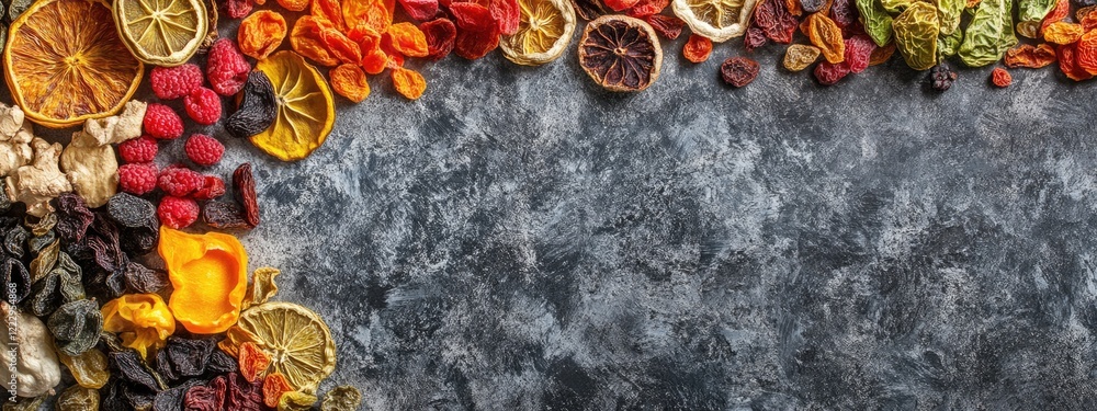 Poster colorful dried fruits and vegetables background featuring text space for banners or messages on a te