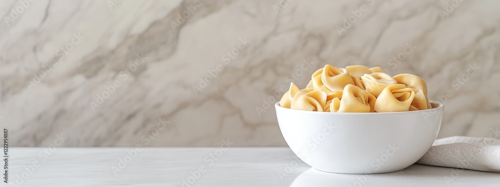 Poster Dried tortellini pasta in a white bowl on a kitchen table with marble background and ample empty space for text or design elements