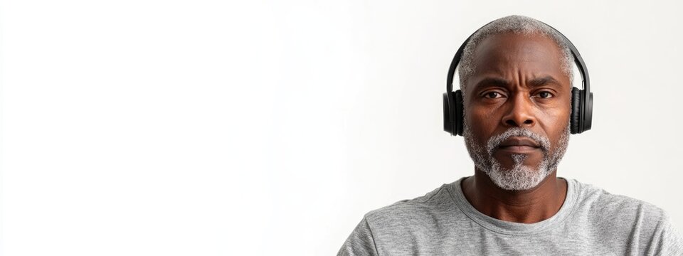 Elderly African American man wearing headphones with blank space for text on white background promoting listening or music concepts