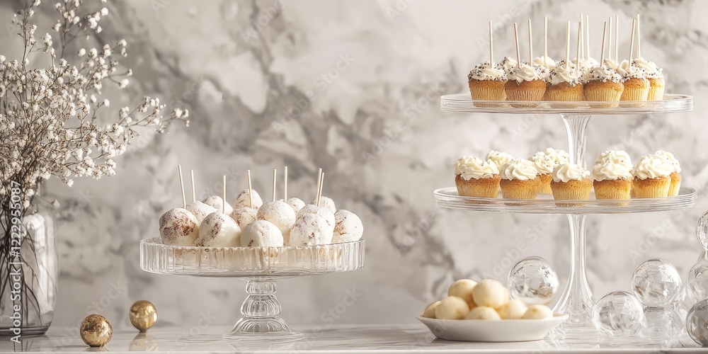 Poster elegant dessert display featuring cake pops, cheesecakes, and ice cream with abundant copy space for