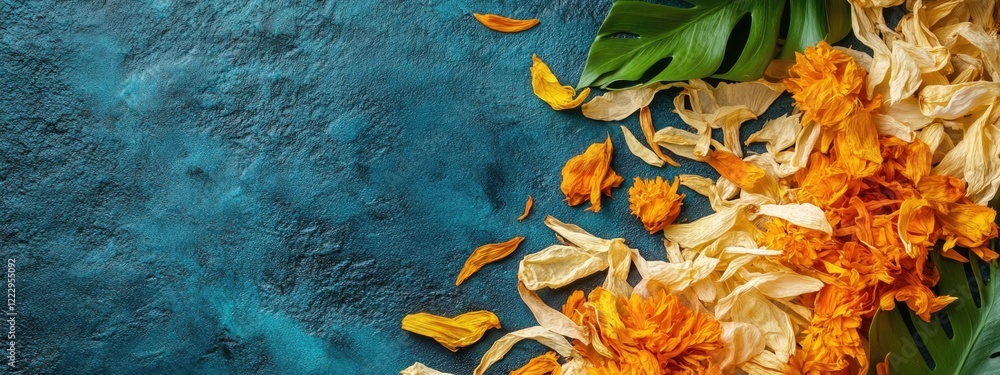Poster dried calendula petals with vibrant tropical leaves on textured blue background offering empty space