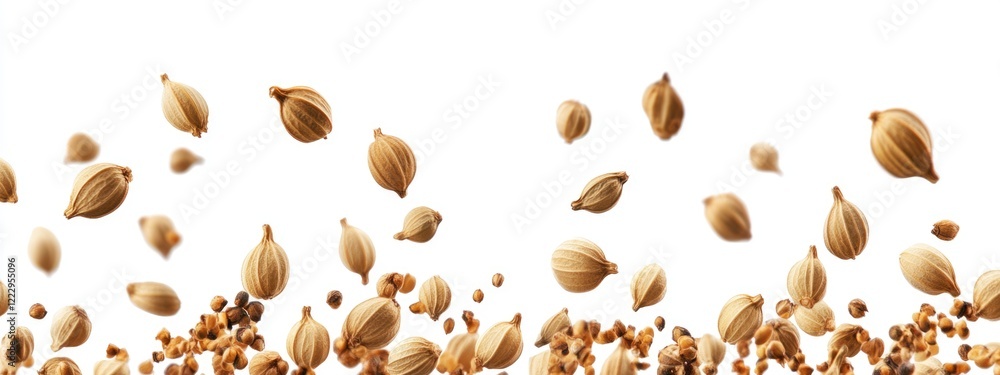Poster Dried coriander seeds in motion against a white background with ample space for text or branding elements.