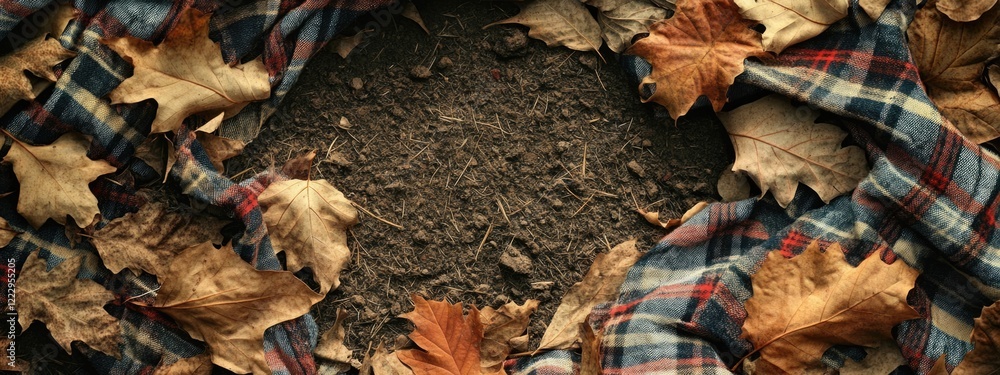 Poster cozy park scene with dried leaves and rich brown earth surrounding a checkered blanket featuring amp