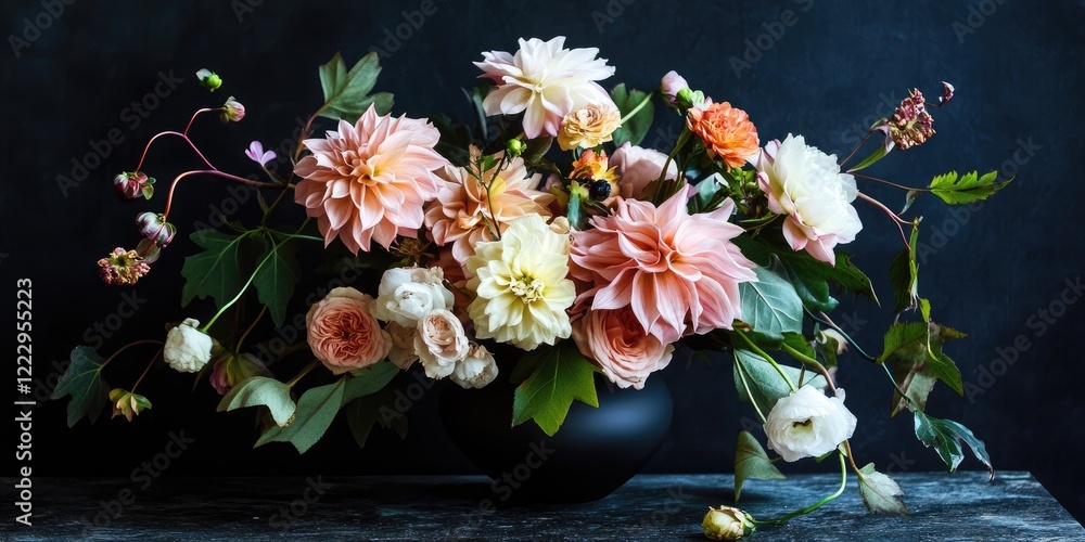 Poster elegant floral arrangement in modern vase with lush blooms and dark background providing ample copy 