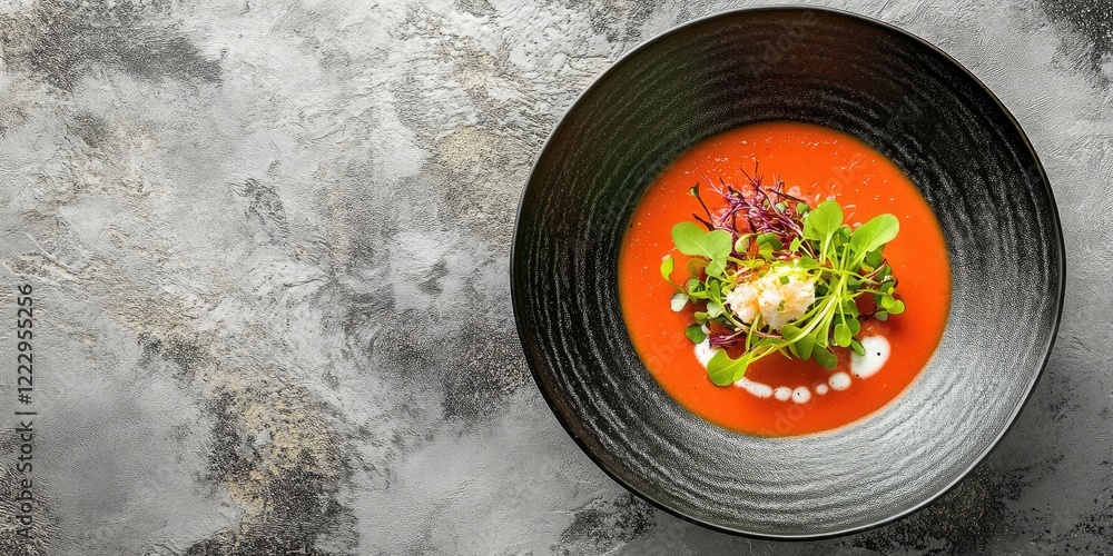 Poster elegant gazpacho with crab salad and microgreens in a black bowl on rustic surface with empty text s