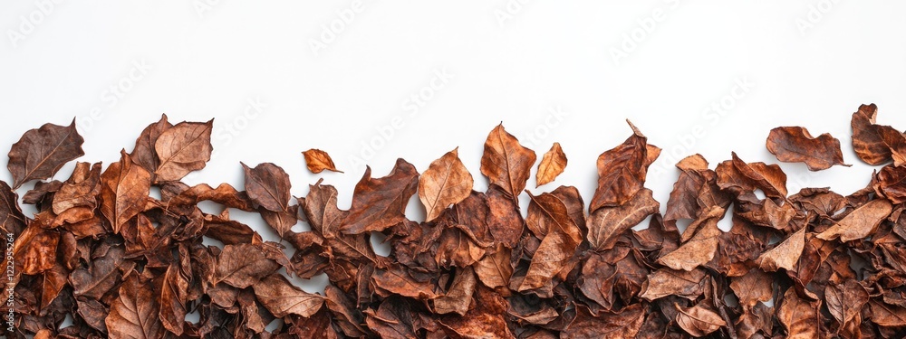 Poster Dried brown leaves on a white background creating a natural border with ample copy space for text or design use.