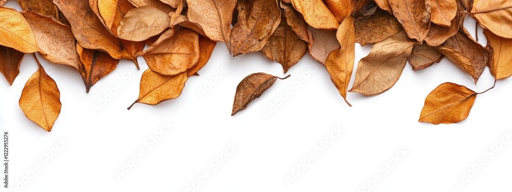 Fototapete Dried orange leaves arranged with a top border on a white background creating a space for text or design elements