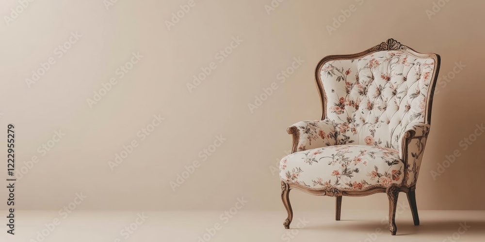 Poster Elegant Floral Lounge Chair in Warm Neutrals with Empty Space for Text in a Soft and Inviting Interior Setting