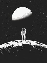 Astronaut Standing on Lunar Surface Under Starry Night Sky