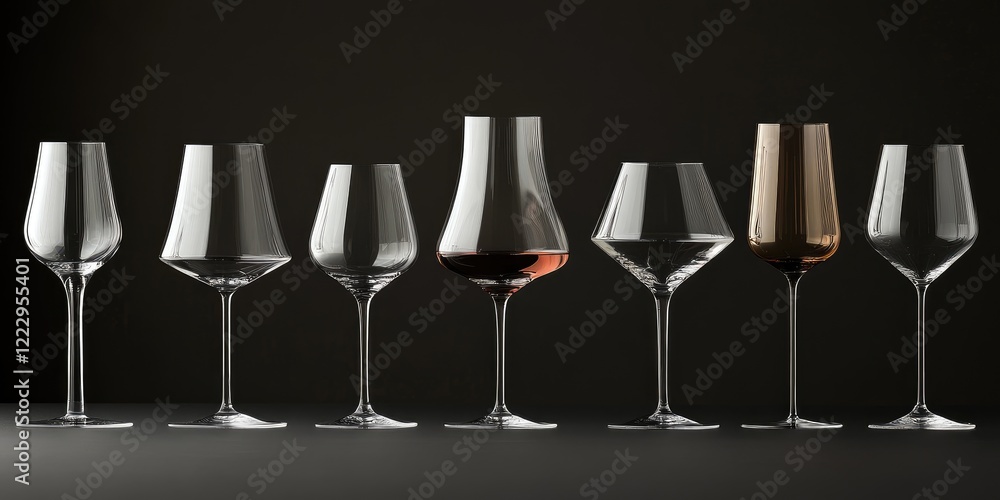Poster elegant wine glass arrangement showcasing various shapes and sizes with dark background and empty sp