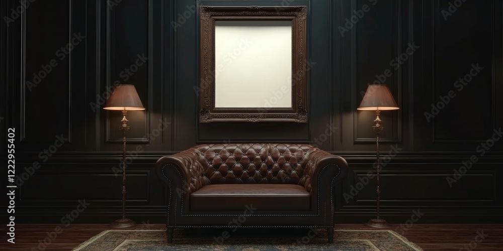 Poster Elegant dark living room featuring a classic sofa and an empty picture frame ideal for customizable text placement.