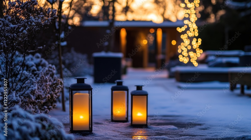 Poster cozy winter evening with candlelight in backyard snowy setting blurred lights and space for text