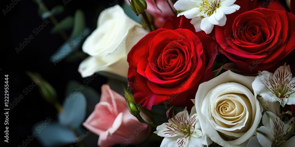 Poster stylish floral arrangement with roses and alstroemerias displaying elegant colors and empty space fo