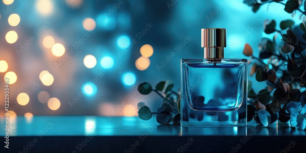 Poster Elegant perfume bottle surrounded by greenery on a shelf with dreamy blue bokeh lights and empty space for text or branding.