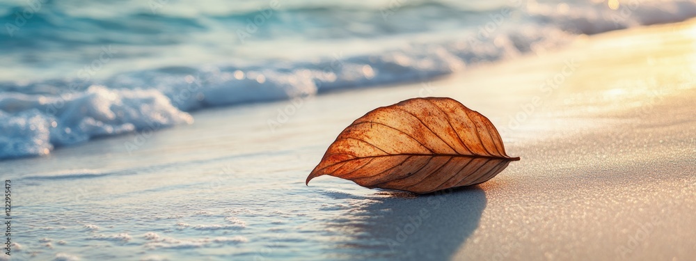 Aufkleber Dried coconut leaf resting on a tranquil beach with gentle waves and ample empty space for creative text placement