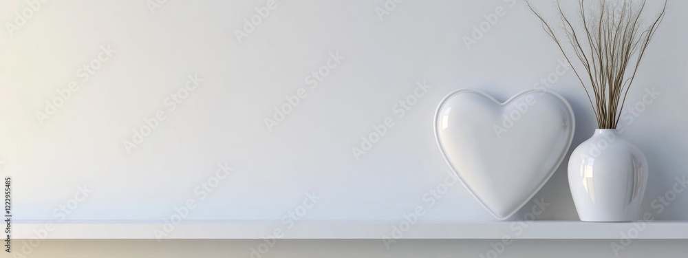 Poster white heart-shaped frame for photo mockup in a minimalist bedroom interior with empty wall space for